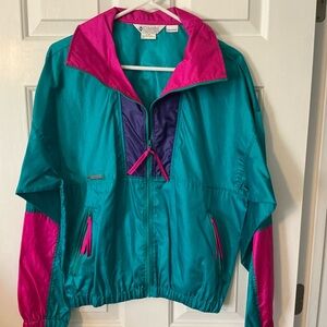 Women’s Vintage Columbia Teal and Pink Windbreaker Jacket, Size Large